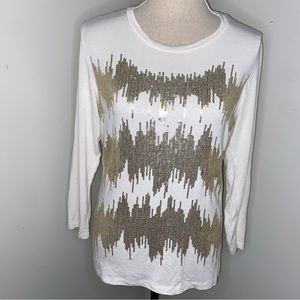 Ann Trinity cream ivory & gold sequin stretch modal 3/4 sleeve shirt size Medium